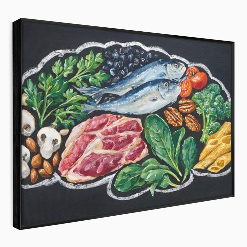 Tablou canvas cu pictura cu alimente variate pe fundal negru, in rama de aluminiu negru